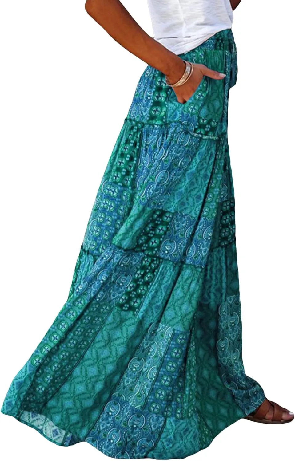 Women Y2k Denim Maxi Skirt Elastic Waist Button Pleated Tiered Flowy Long Swing Skirts Retro Chambray Jean Skirt