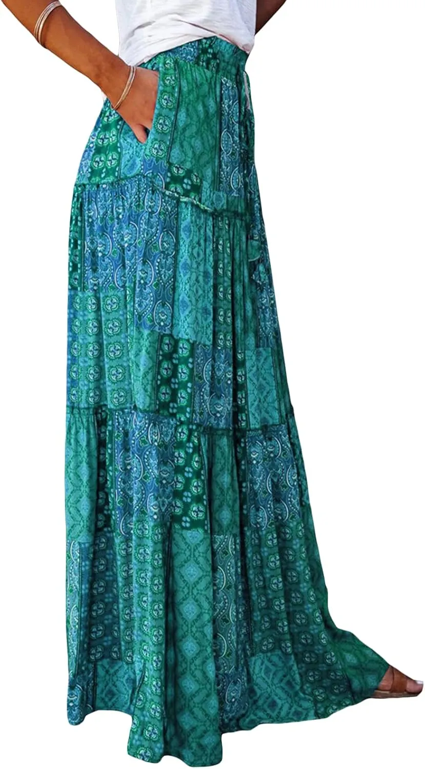 Women Y2k Denim Maxi Skirt Elastic Waist Button Pleated Tiered Flowy Long Swing Skirts Retro Chambray Jean Skirt