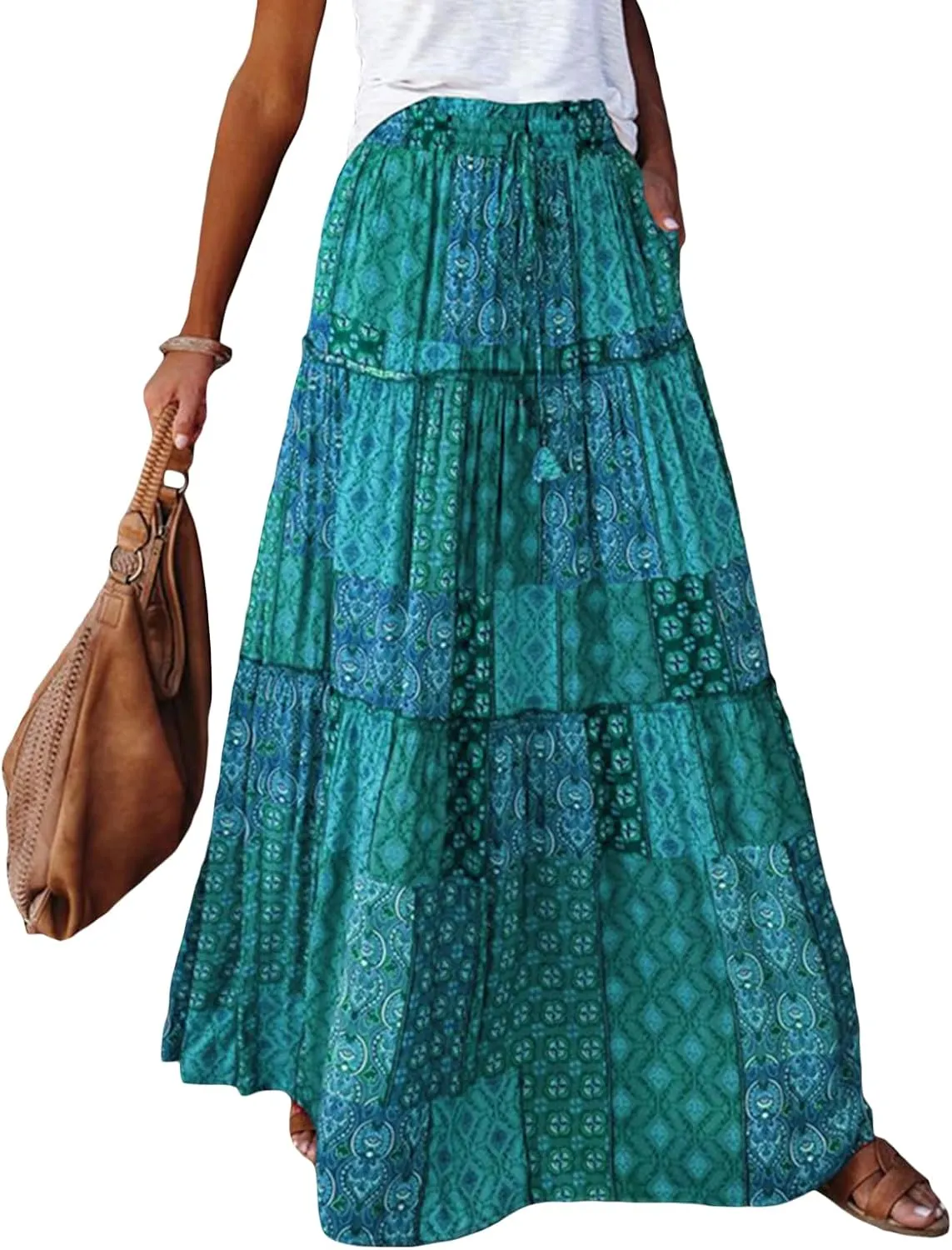 Women Y2k Denim Maxi Skirt Elastic Waist Button Pleated Tiered Flowy Long Swing Skirts Retro Chambray Jean Skirt