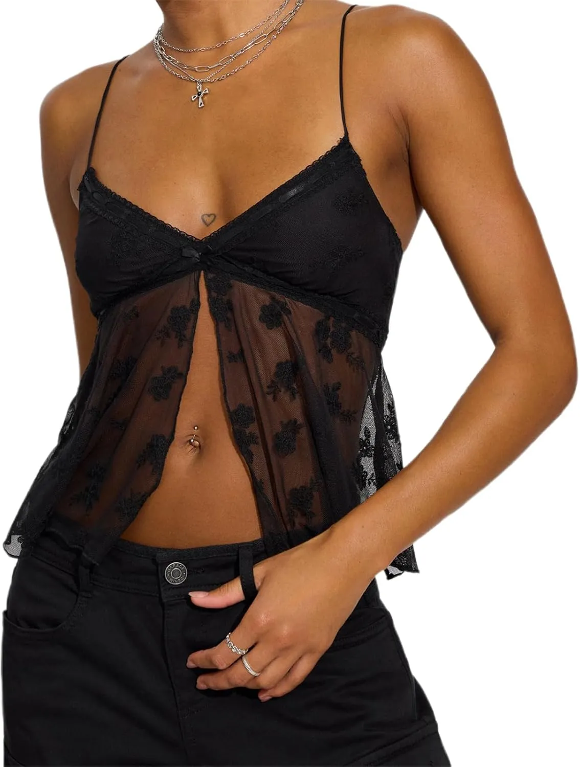 Women Y2K Fairy Pleated Camisole Coquette Spaghetti Strap V-Neck Lace Mesh Sheer Ruffle Hem Crop Tank Top Clubwear