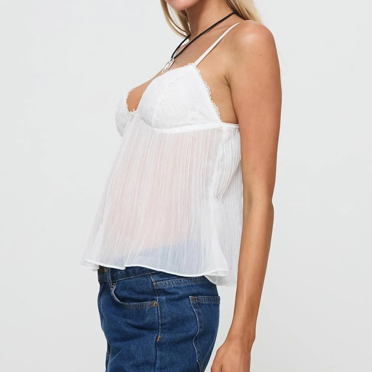 Women Y2K Fairy Pleated Camisole Coquette Spaghetti Strap V-Neck Lace Mesh Sheer Ruffle Hem Crop Tank Top Clubwear