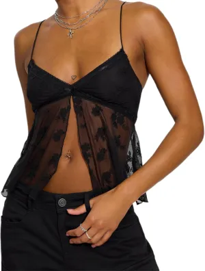 Women Y2K Fairy Pleated Camisole Coquette Spaghetti Strap V-Neck Lace Mesh Sheer Ruffle Hem Crop Tank Top Clubwear