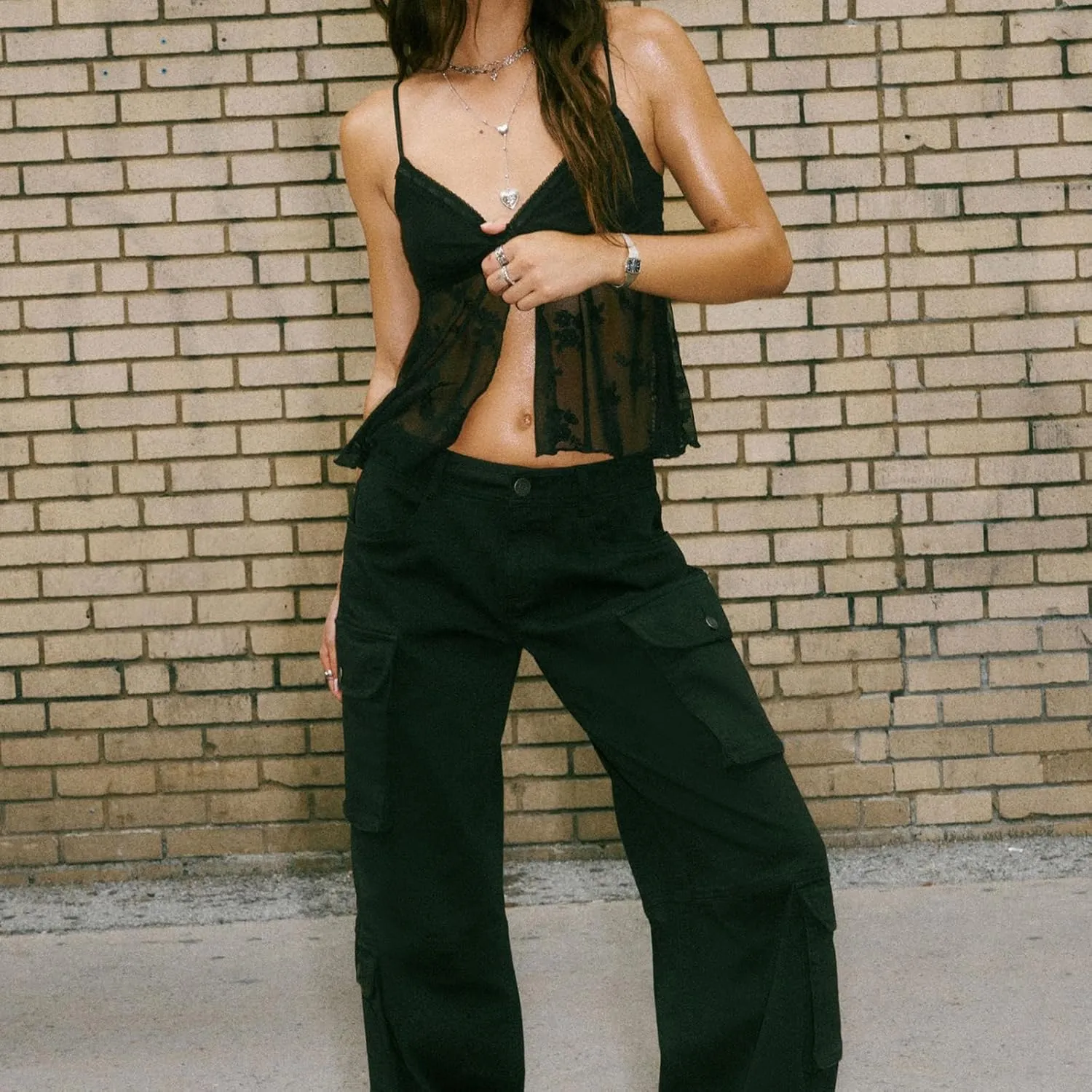 Women Y2K Fairy Pleated Camisole Coquette Spaghetti Strap V-Neck Lace Mesh Sheer Ruffle Hem Crop Tank Top Clubwear