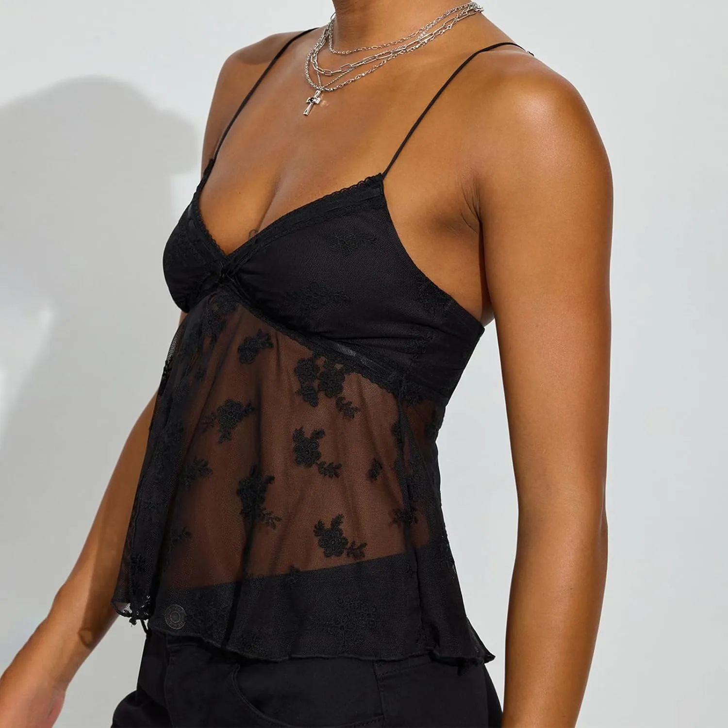 Women Y2K Fairy Pleated Camisole Coquette Spaghetti Strap V-Neck Lace Mesh Sheer Ruffle Hem Crop Tank Top Clubwear