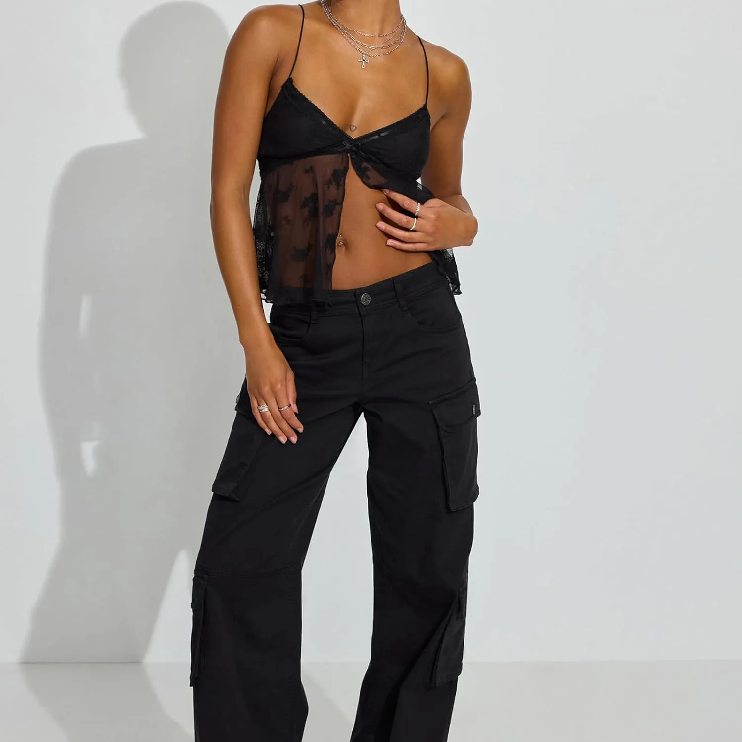 Women Y2K Fairy Pleated Camisole Coquette Spaghetti Strap V-Neck Lace Mesh Sheer Ruffle Hem Crop Tank Top Clubwear