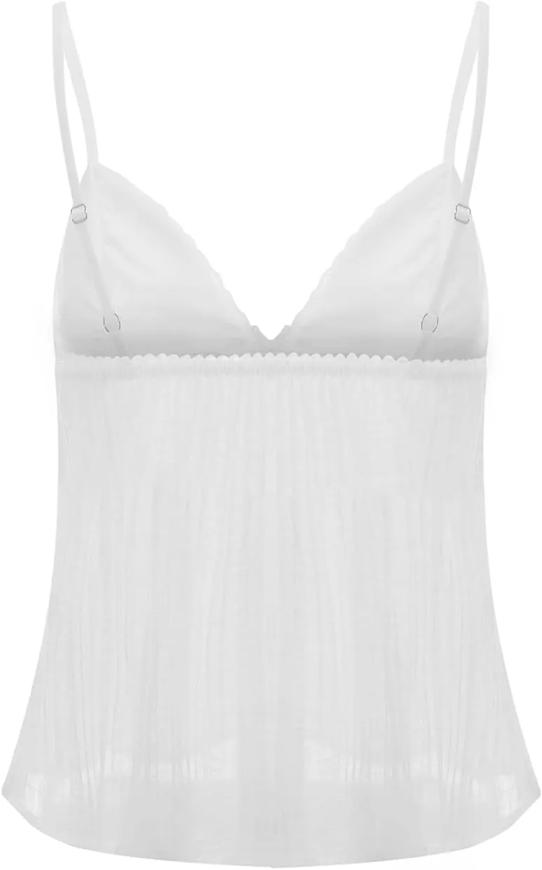 Women Y2K Fairy Pleated Camisole Coquette Spaghetti Strap V-Neck Lace Mesh Sheer Ruffle Hem Crop Tank Top Clubwear