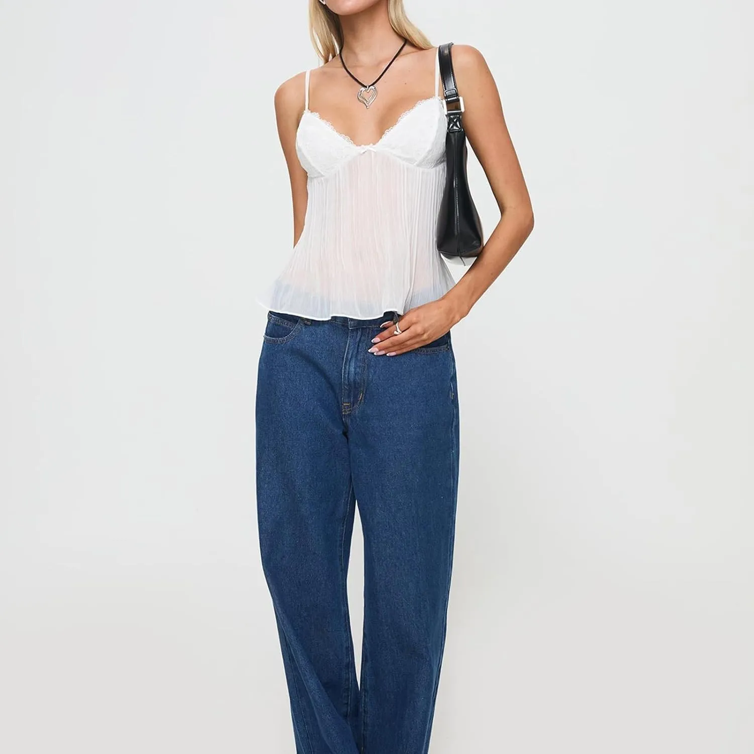 Women Y2K Fairy Pleated Camisole Coquette Spaghetti Strap V-Neck Lace Mesh Sheer Ruffle Hem Crop Tank Top Clubwear