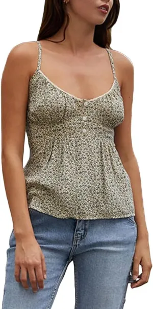 Women Y2k Floral Tank Top Ruffle Babydoll Camisole Sleeveless Smocked Back Peplum Shirt Summer Trendy Cami Tops