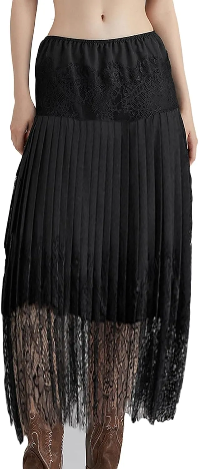 Women Y2k Lace Half Slip Skirt Low Rise Pleated Ruffle Midi Skirt Layered Flowy Long Skirts Underskirt