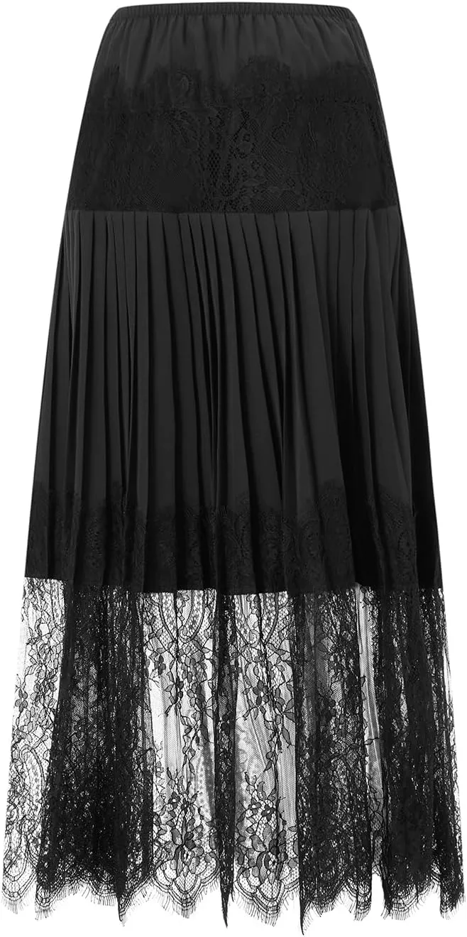 Women Y2k Lace Half Slip Skirt Low Rise Pleated Ruffle Midi Skirt Layered Flowy Long Skirts Underskirt