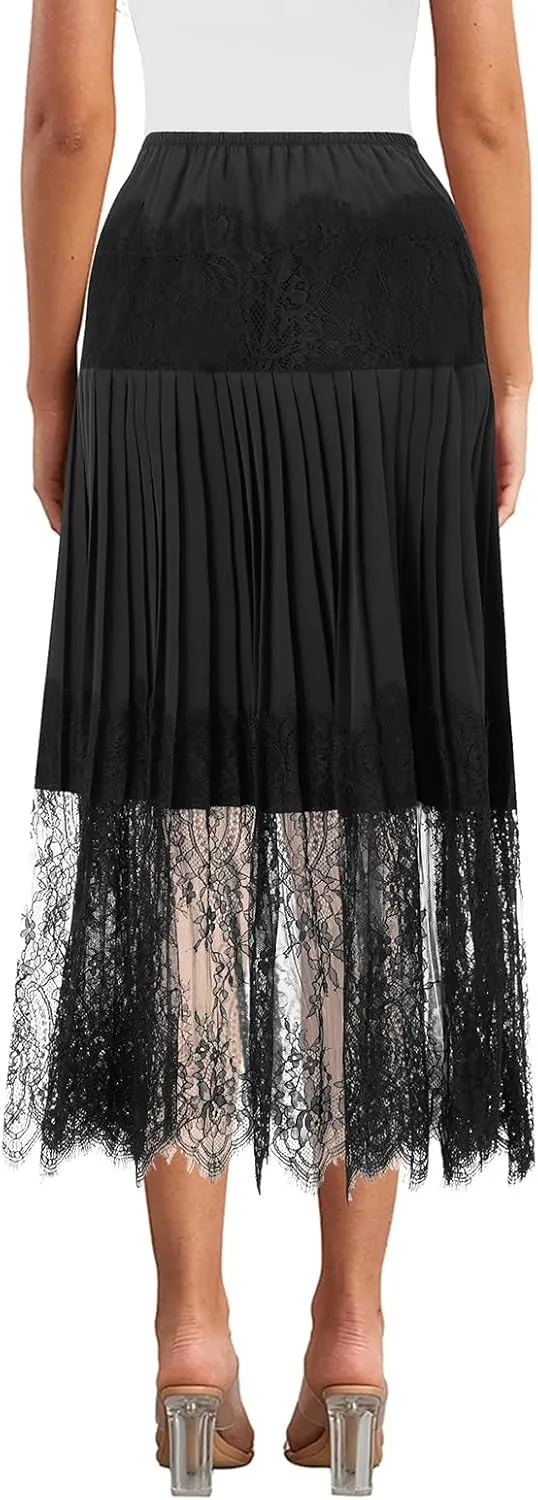 Women Y2k Lace Half Slip Skirt Low Rise Pleated Ruffle Midi Skirt Layered Flowy Long Skirts Underskirt