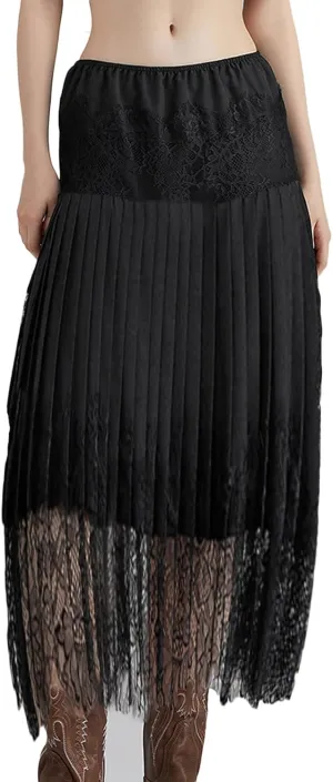 Women Y2k Lace Half Slip Skirt Low Rise Pleated Ruffle Midi Skirt Layered Flowy Long Skirts Underskirt