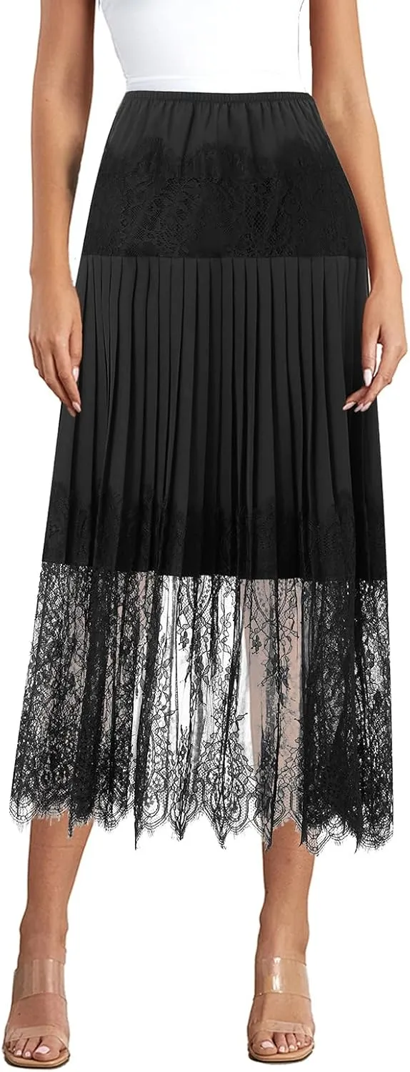 Women Y2k Lace Half Slip Skirt Low Rise Pleated Ruffle Midi Skirt Layered Flowy Long Skirts Underskirt