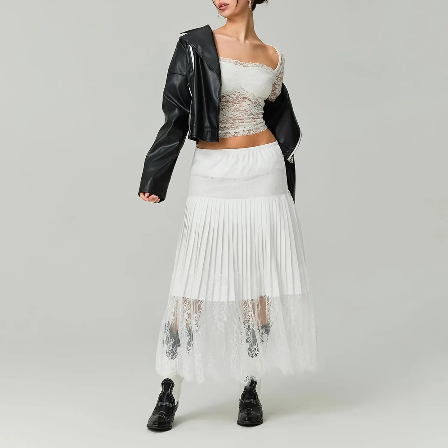 Women Y2k Lace Pleated Skirt Vintage Floral Sheer Elastic A-Line Midi Skirt Going Out Maxi Skirt Beach Vacation Skirt