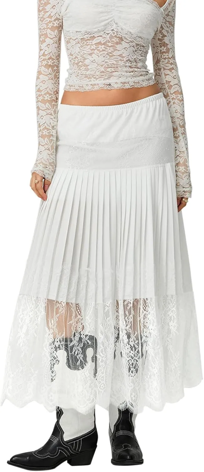 Women Y2k Lace Pleated Skirt Vintage Floral Sheer Elastic A-Line Midi Skirt Going Out Maxi Skirt Beach Vacation Skirt