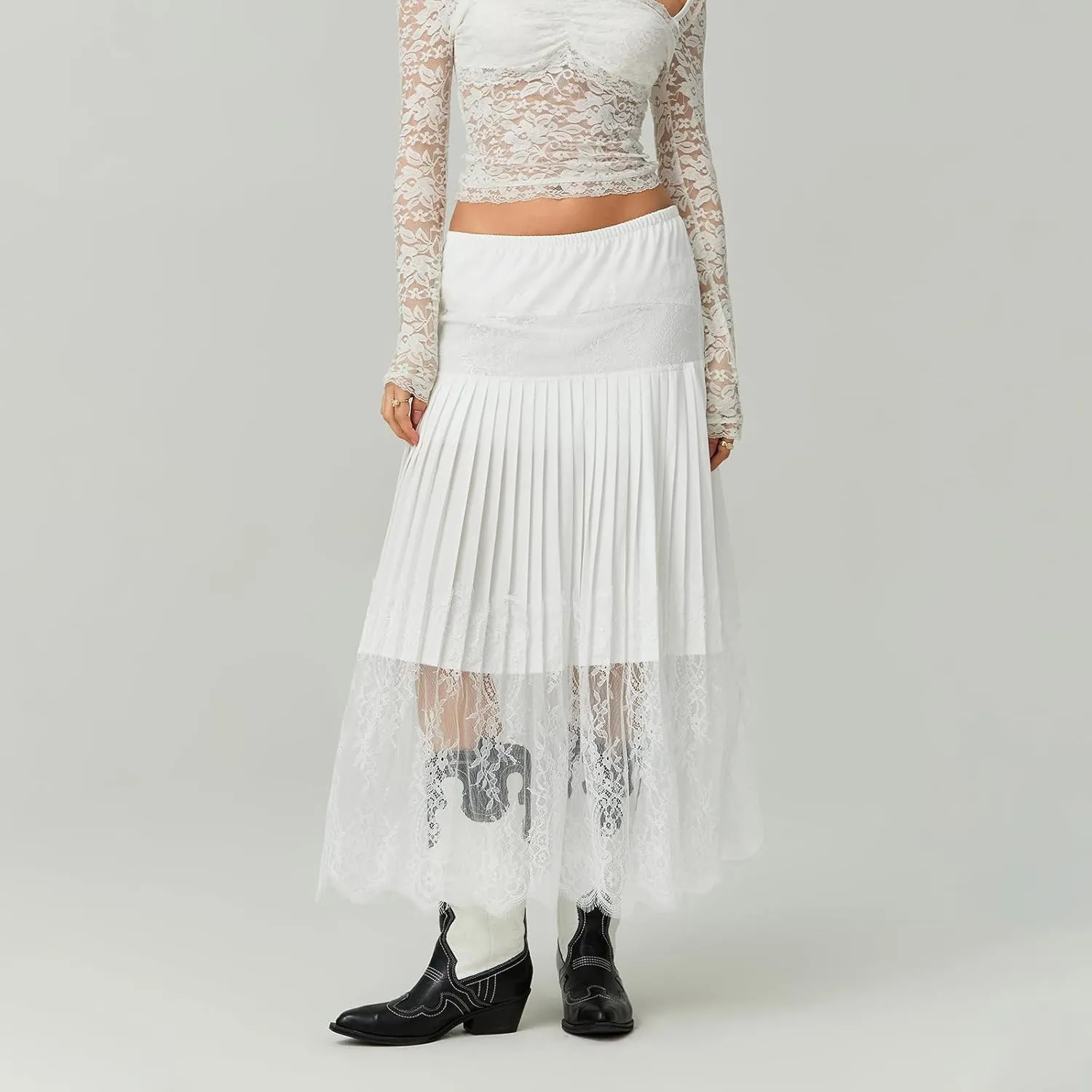 Women Y2k Lace Pleated Skirt Vintage Floral Sheer Elastic A-Line Midi Skirt Going Out Maxi Skirt Beach Vacation Skirt