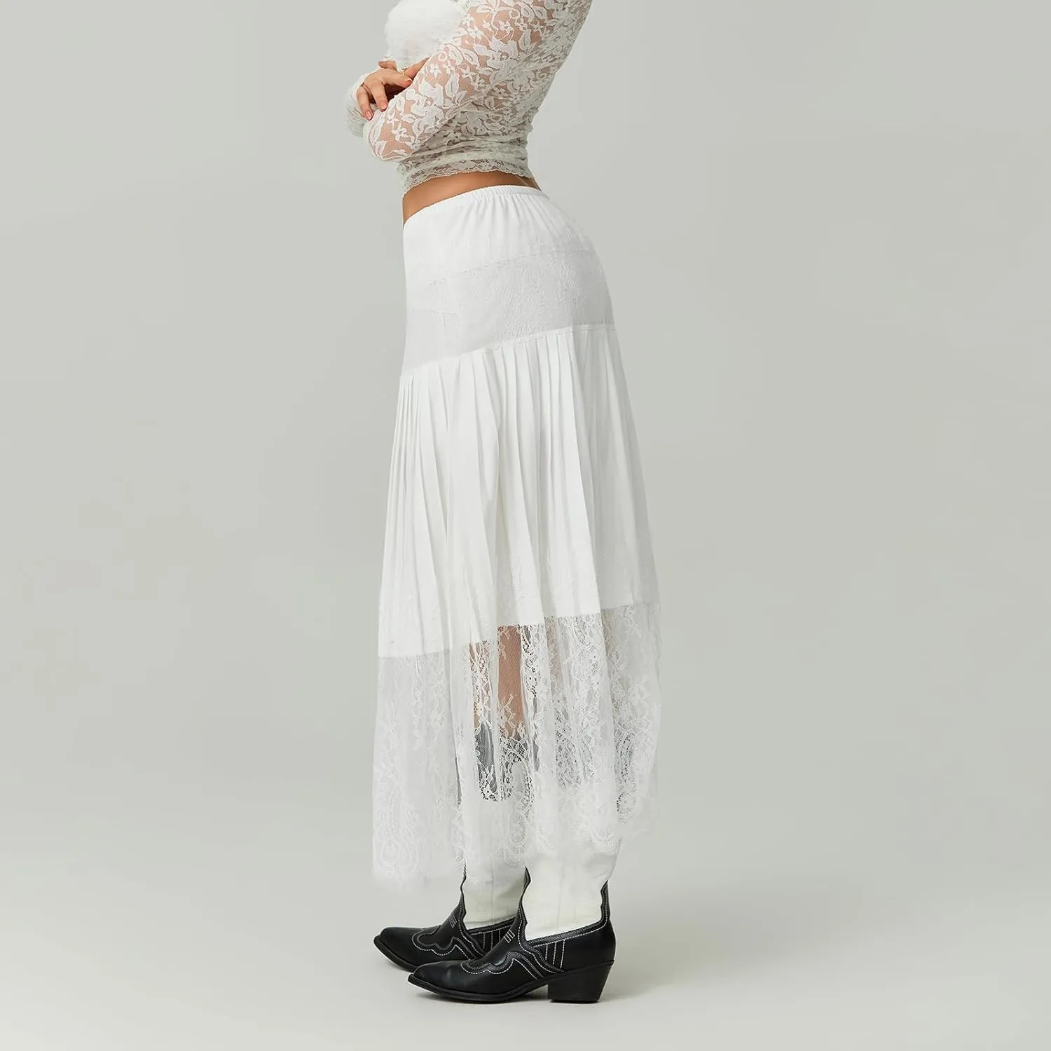 Women Y2k Lace Pleated Skirt Vintage Floral Sheer Elastic A-Line Midi Skirt Going Out Maxi Skirt Beach Vacation Skirt
