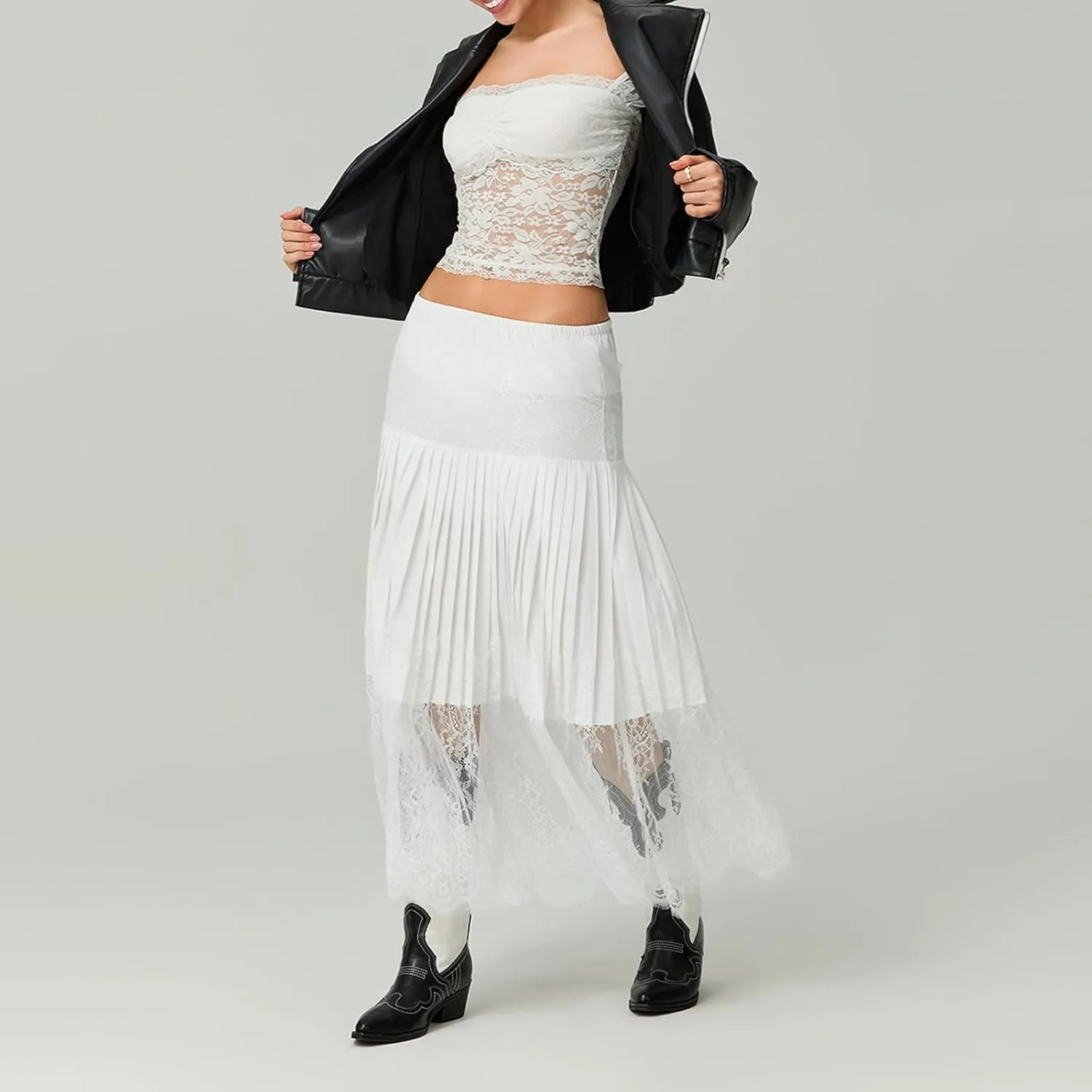 Women Y2k Lace Pleated Skirt Vintage Floral Sheer Elastic A-Line Midi Skirt Going Out Maxi Skirt Beach Vacation Skirt