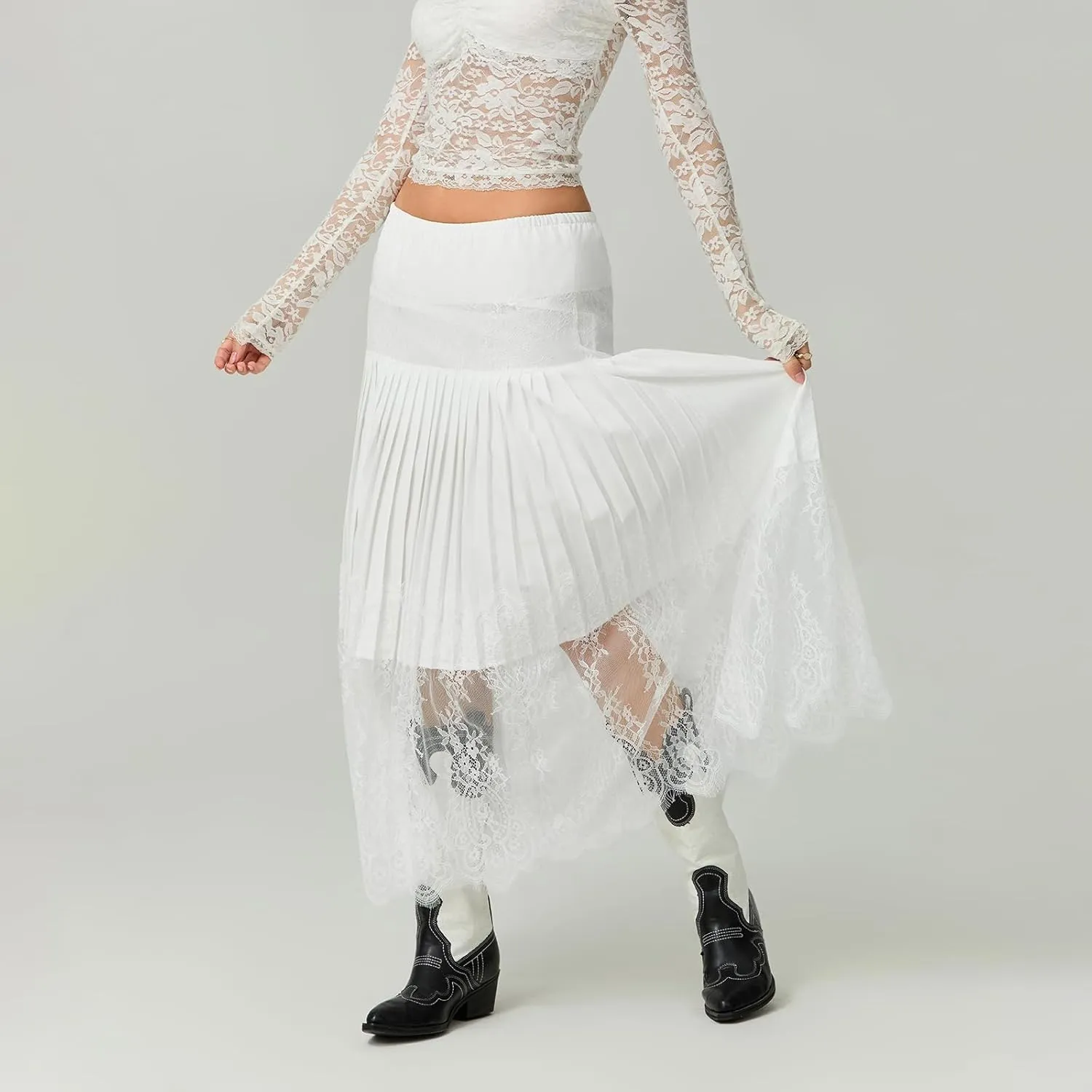 Women Y2k Lace Pleated Skirt Vintage Floral Sheer Elastic A-Line Midi Skirt Going Out Maxi Skirt Beach Vacation Skirt