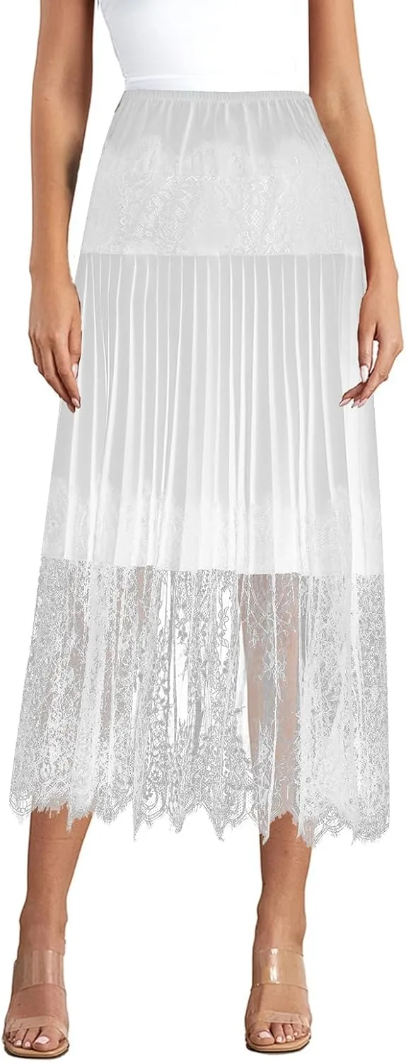 Women Y2k Lace Pleated Skirt Vintage Floral Sheer Elastic A-Line Midi Skirt Going Out Maxi Skirt Beach Vacation Skirt