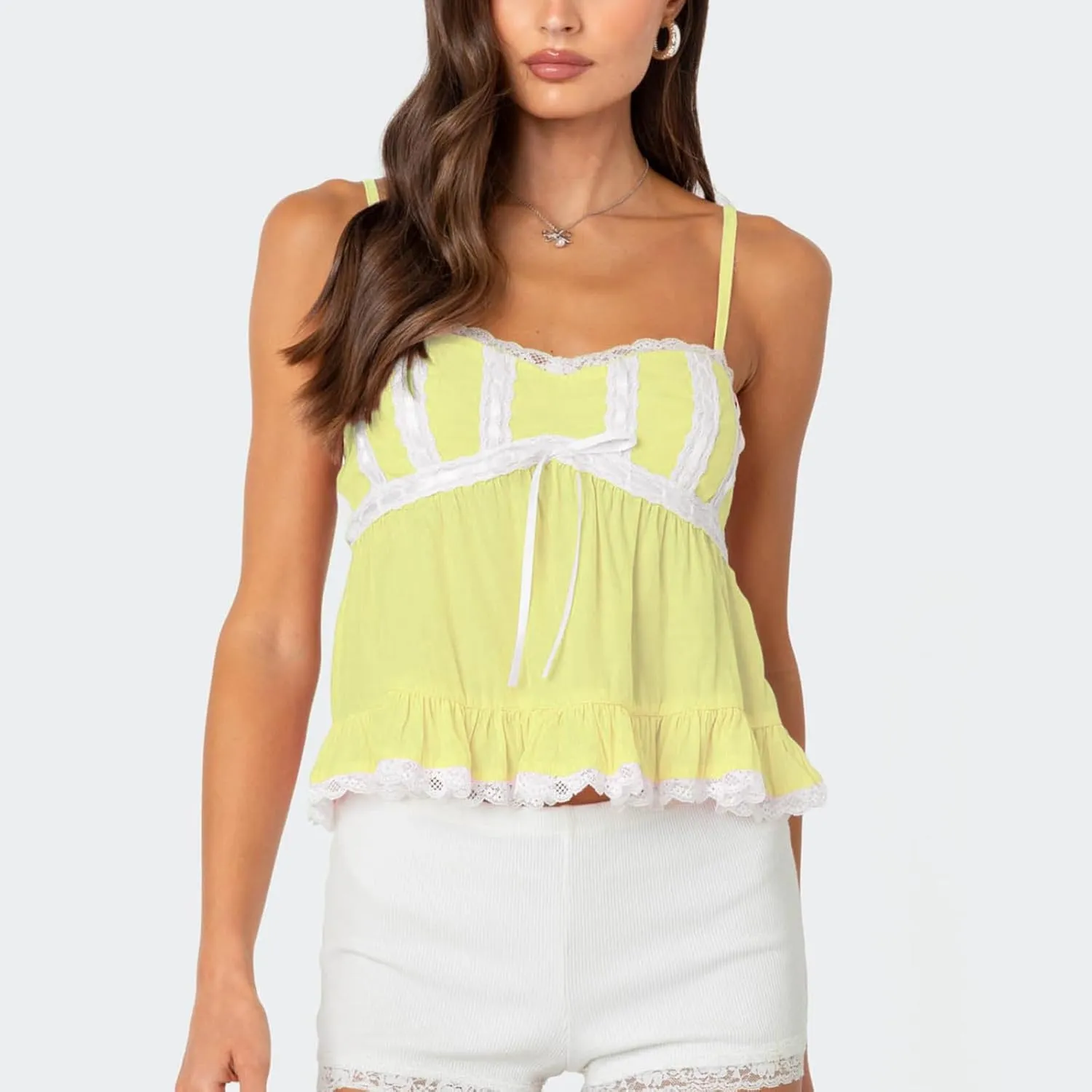 Women Y2k Lace Trim Spaghetti Strap Camisole Sleeveless V Neck Slim Fit Tie Front Backless Going Out Cami Tops