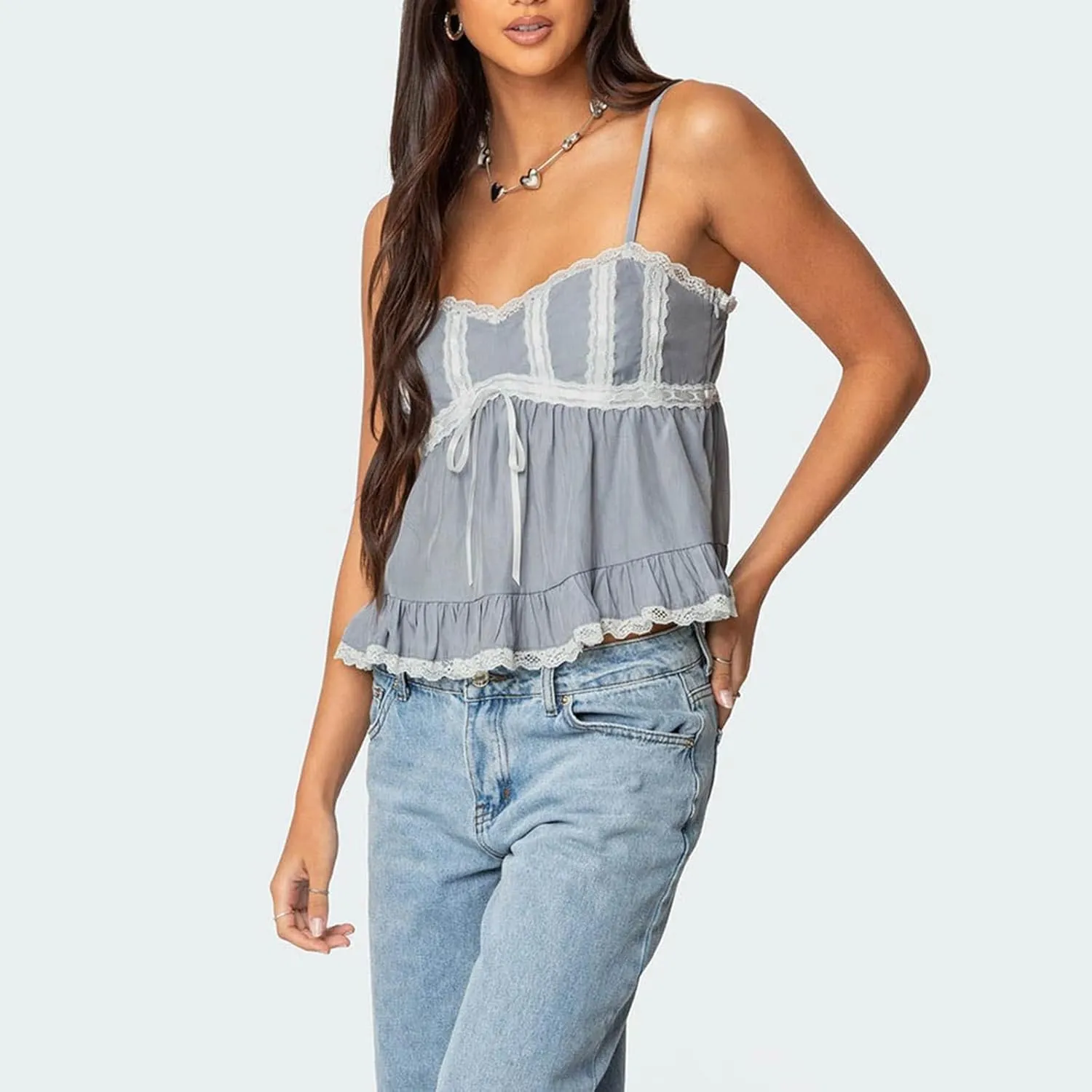 Women Y2k Lace Trim Spaghetti Strap Camisole Sleeveless V Neck Slim Fit Tie Front Backless Going Out Cami Tops