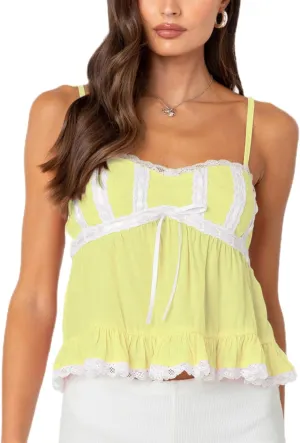 Women Y2k Lace Trim Spaghetti Strap Camisole Sleeveless V Neck Slim Fit Tie Front Backless Going Out Cami Tops