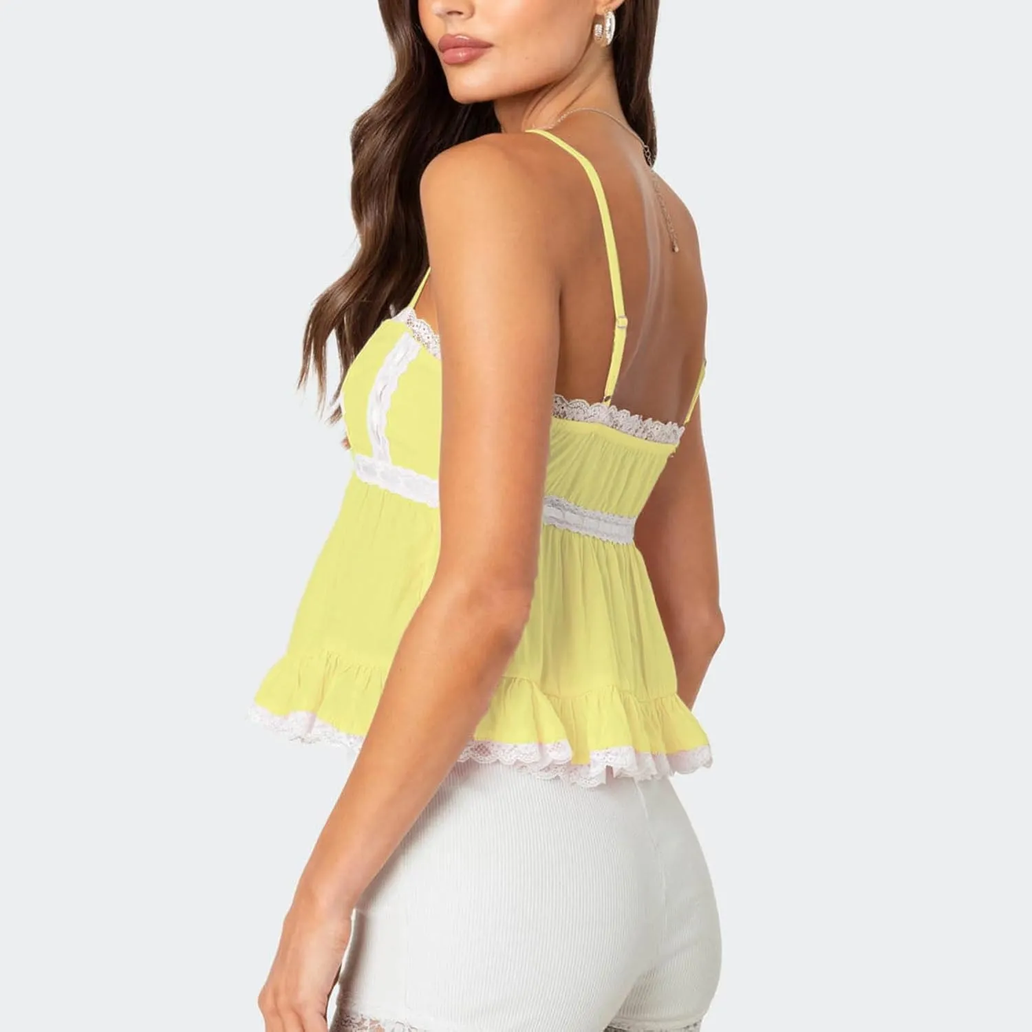 Women Y2k Lace Trim Spaghetti Strap Camisole Sleeveless V Neck Slim Fit Tie Front Backless Going Out Cami Tops