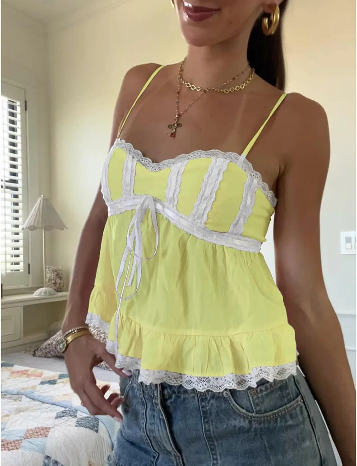 Women Y2k Lace Trim Spaghetti Strap Camisole Sleeveless V Neck Slim Fit Tie Front Backless Going Out Cami Tops