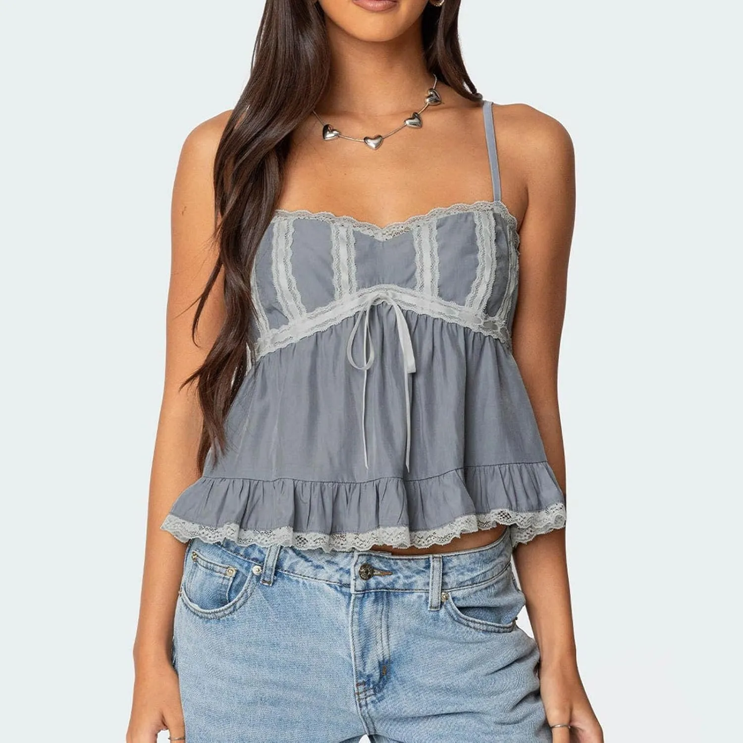Women Y2k Lace Trim Spaghetti Strap Camisole Sleeveless V Neck Slim Fit Tie Front Backless Going Out Cami Tops