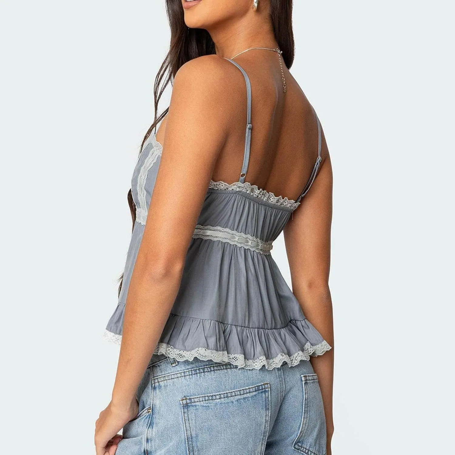 Women Y2k Lace Trim Spaghetti Strap Camisole Sleeveless V Neck Slim Fit Tie Front Backless Going Out Cami Tops