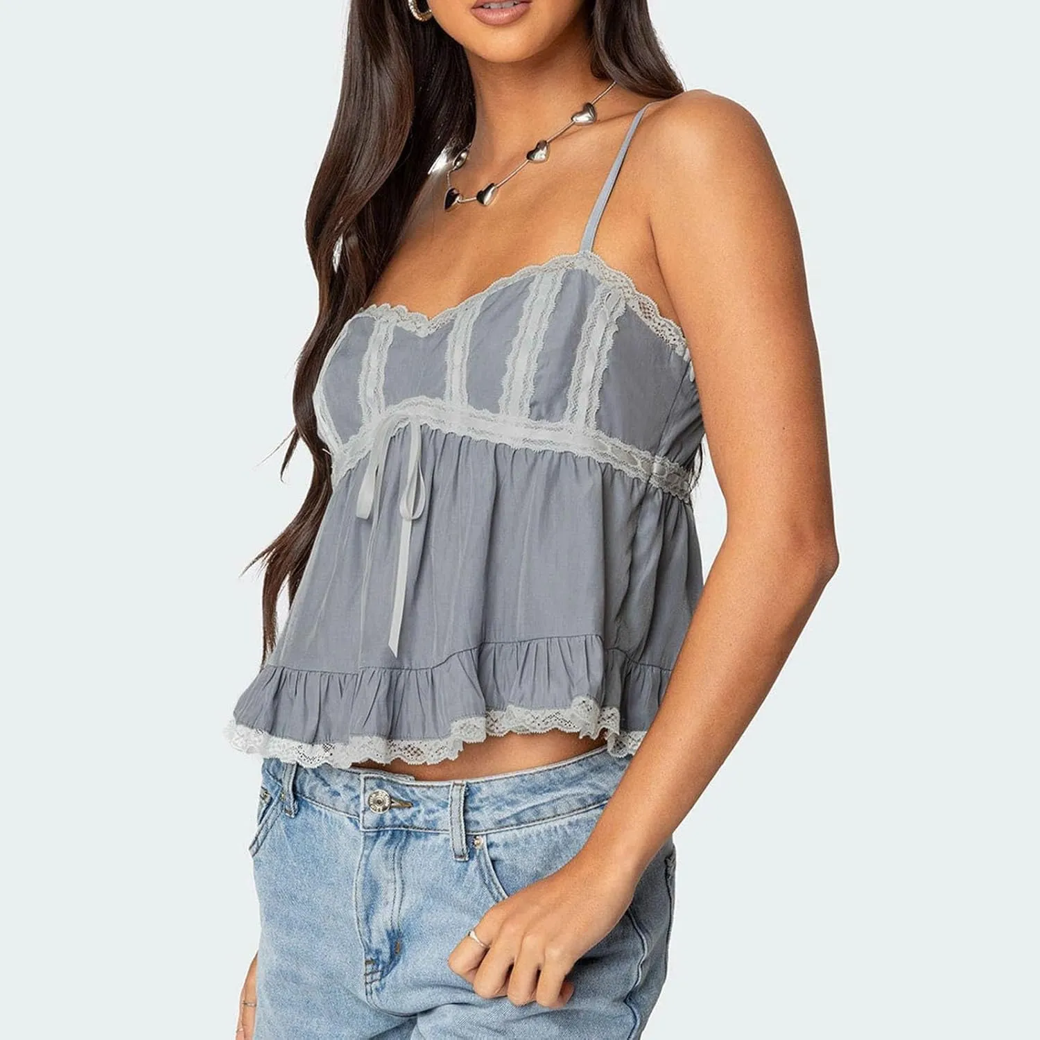 Women Y2k Lace Trim Spaghetti Strap Camisole Sleeveless V Neck Slim Fit Tie Front Backless Going Out Cami Tops