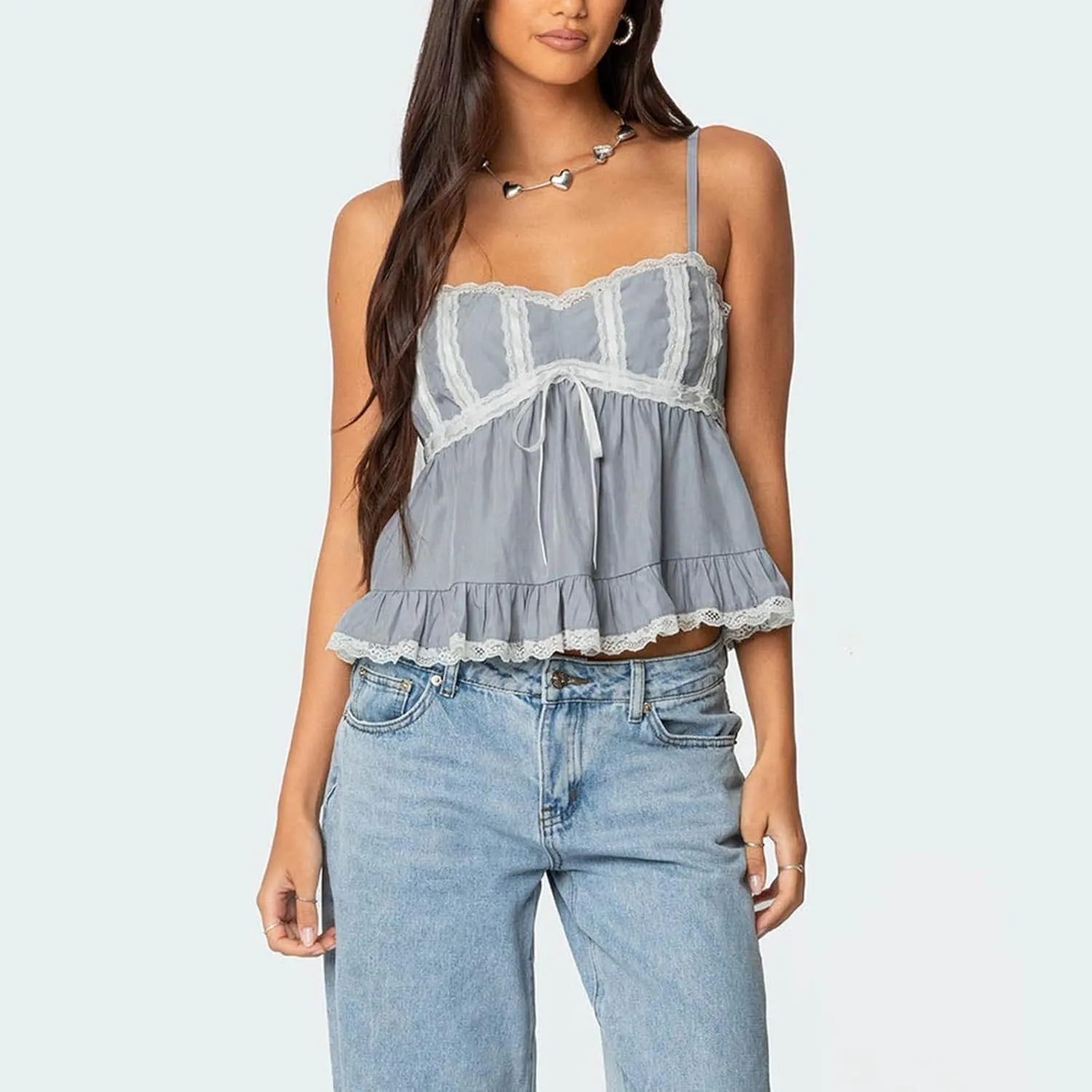 Women Y2k Lace Trim Spaghetti Strap Camisole Sleeveless V Neck Slim Fit Tie Front Backless Going Out Cami Tops