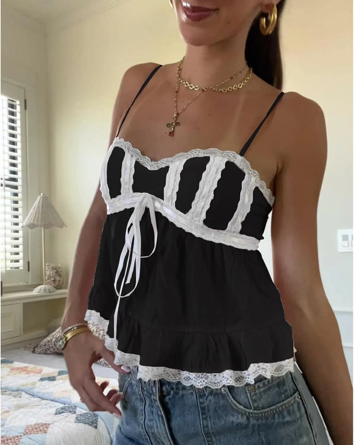Women Y2k Lace Trim Spaghetti Strap Camisole Sleeveless V Neck Slim Fit Tie Front Backless Going Out Cami Tops