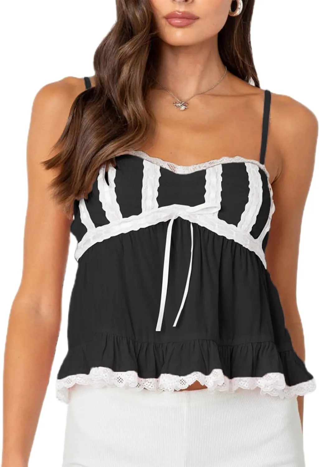Women Y2k Lace Trim Spaghetti Strap Camisole Sleeveless V Neck Slim Fit Tie Front Backless Going Out Cami Tops