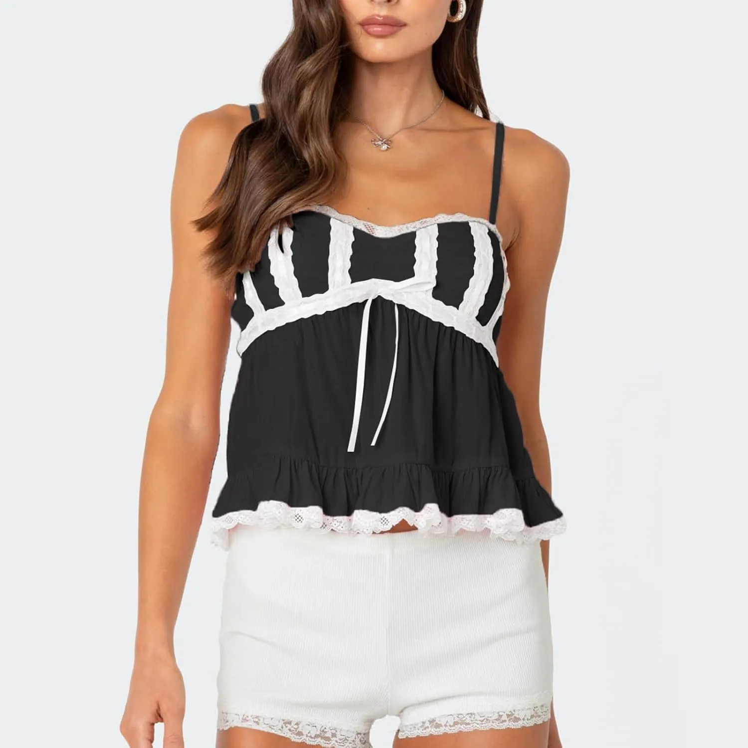Women Y2k Lace Trim Spaghetti Strap Camisole Sleeveless V Neck Slim Fit Tie Front Backless Going Out Cami Tops