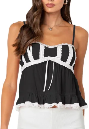 Women Y2k Lace Trim Spaghetti Strap Camisole Sleeveless V Neck Slim Fit Tie Front Backless Going Out Cami Tops