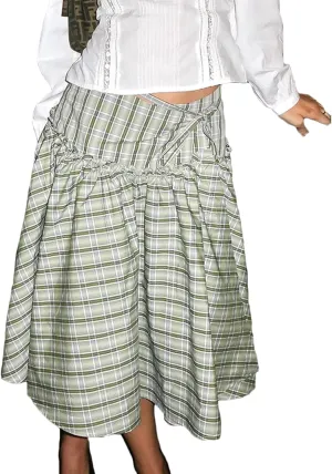 Women Y2K Plaid Maxi Skirt Elastic Waist Tie Up A Line Skirt Ruffle Hem Pleated Polka Dot Long Skirt Streetwear
