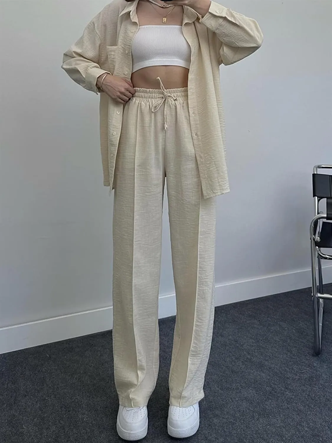 Women's 2 Piece Outfits Button Down Long Sleeve Shirt and Wide Leg Pants Set Trendy Loungewear Vacation Sets