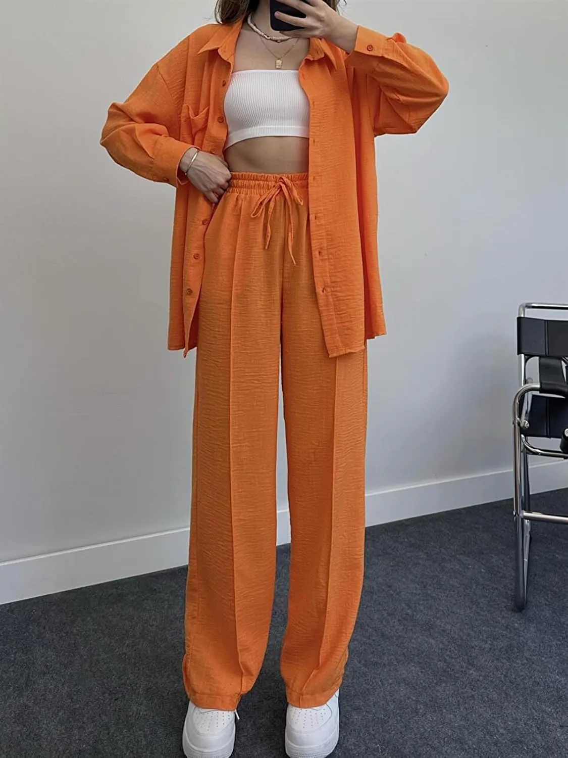 Women's 2 Piece Outfits Button Down Long Sleeve Shirt and Wide Leg Pants Set Trendy Loungewear Vacation Sets