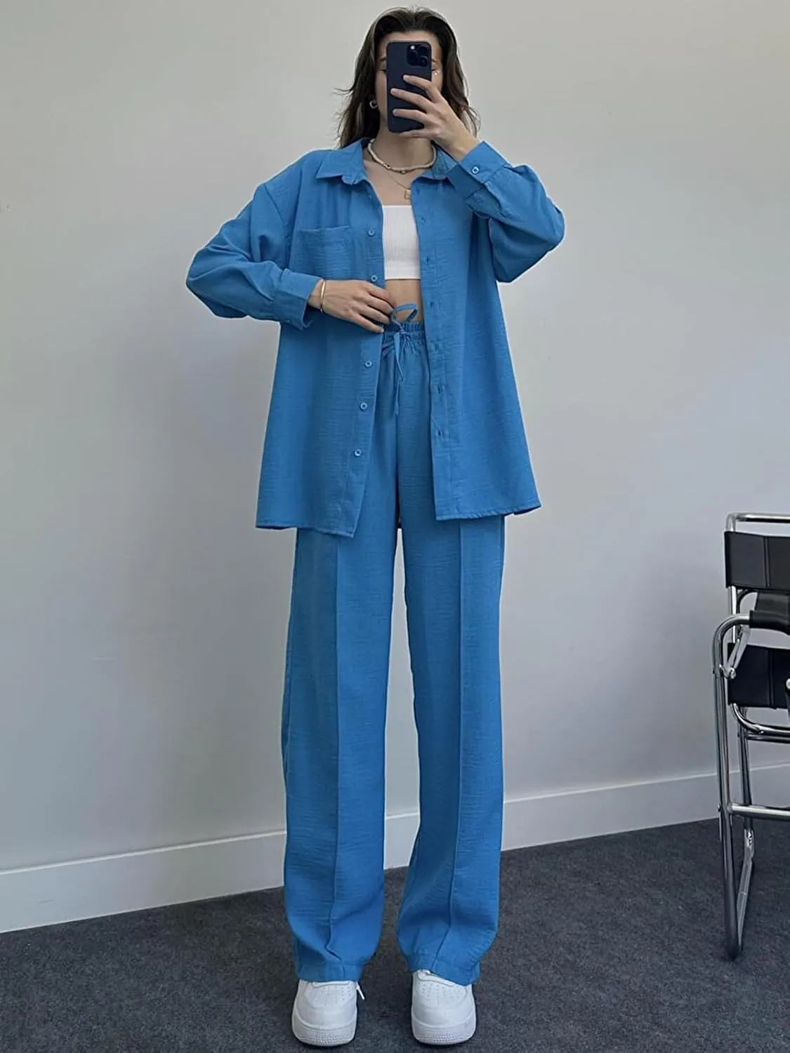 Women's 2 Piece Outfits Button Down Long Sleeve Shirt and Wide Leg Pants Set Trendy Loungewear Vacation Sets