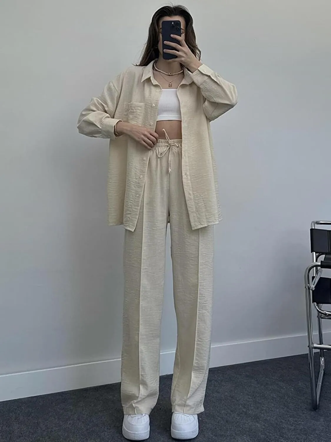 Women's 2 Piece Outfits Button Down Long Sleeve Shirt and Wide Leg Pants Set Trendy Loungewear Vacation Sets