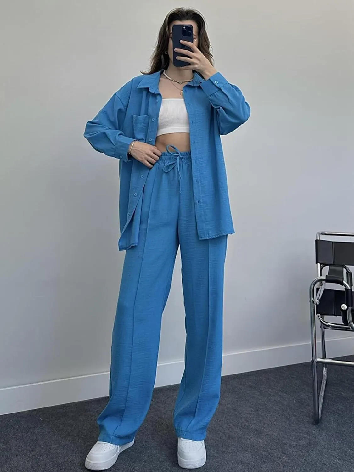 Women's 2 Piece Outfits Button Down Long Sleeve Shirt and Wide Leg Pants Set Trendy Loungewear Vacation Sets