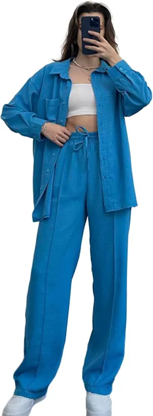 Women's 2 Piece Outfits Button Down Long Sleeve Shirt and Wide Leg Pants Set Trendy Loungewear Vacation Sets