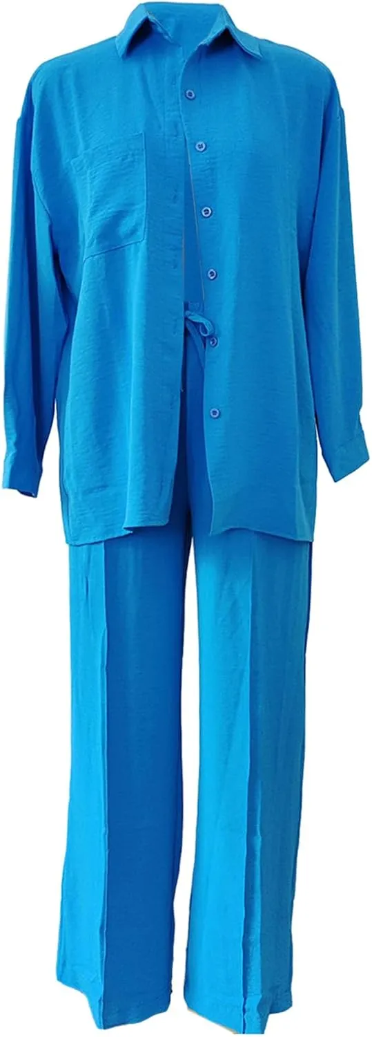 Women's 2 Piece Outfits Button Down Long Sleeve Shirt and Wide Leg Pants Set Trendy Loungewear Vacation Sets