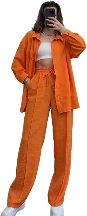 Women's 2 Piece Outfits Button Down Long Sleeve Shirt and Wide Leg Pants Set Trendy Loungewear Vacation Sets