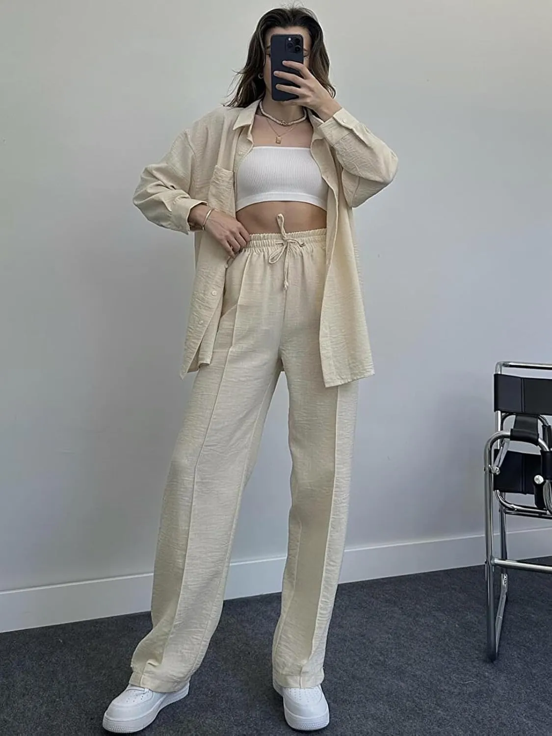 Women's 2 Piece Outfits Button Down Long Sleeve Shirt and Wide Leg Pants Set Trendy Loungewear Vacation Sets