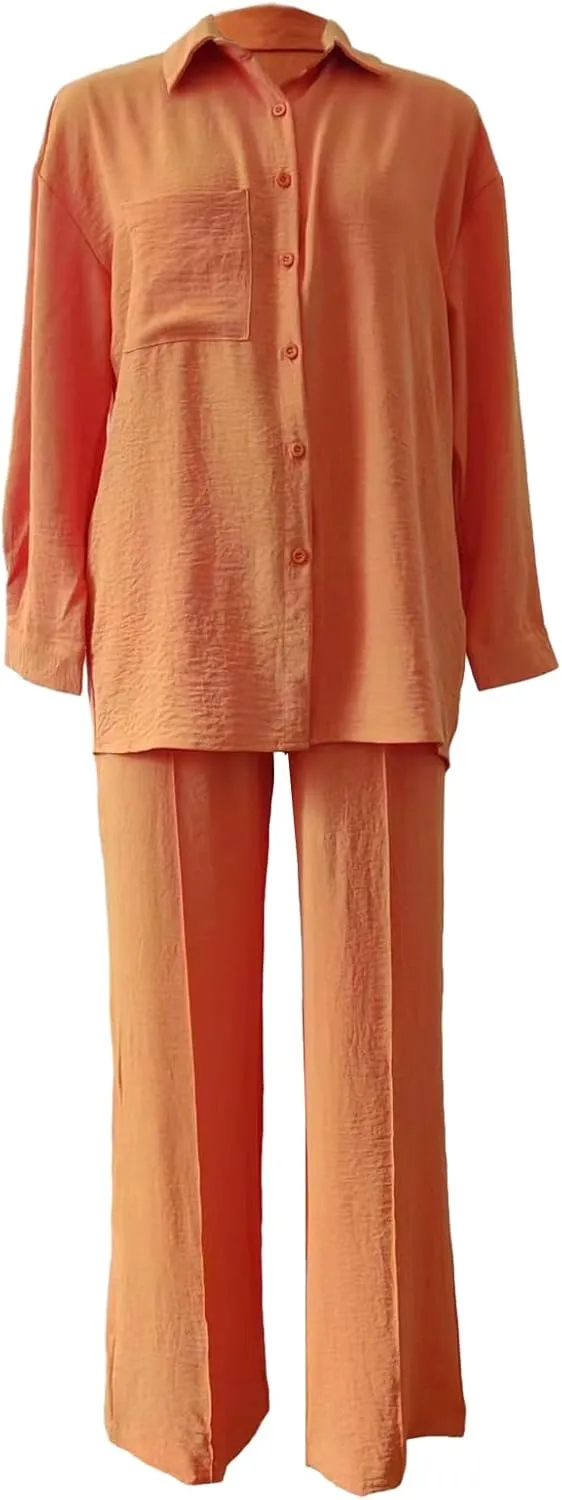 Women's 2 Piece Outfits Button Down Long Sleeve Shirt and Wide Leg Pants Set Trendy Loungewear Vacation Sets