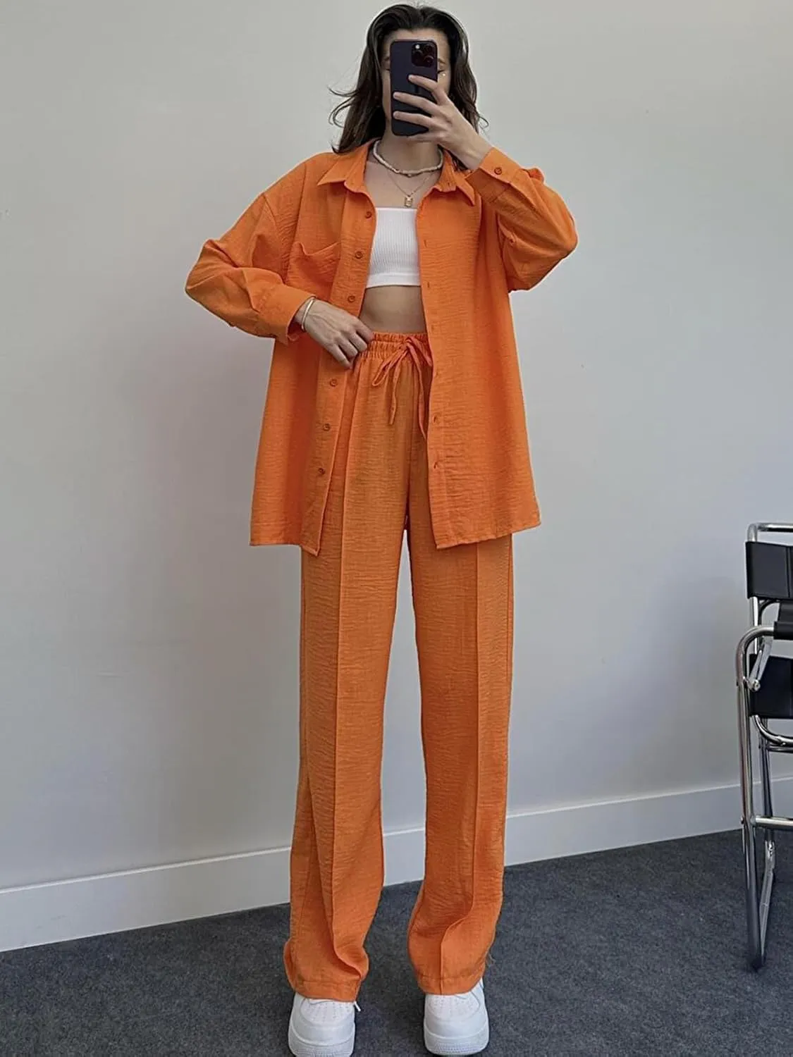 Women's 2 Piece Outfits Button Down Long Sleeve Shirt and Wide Leg Pants Set Trendy Loungewear Vacation Sets