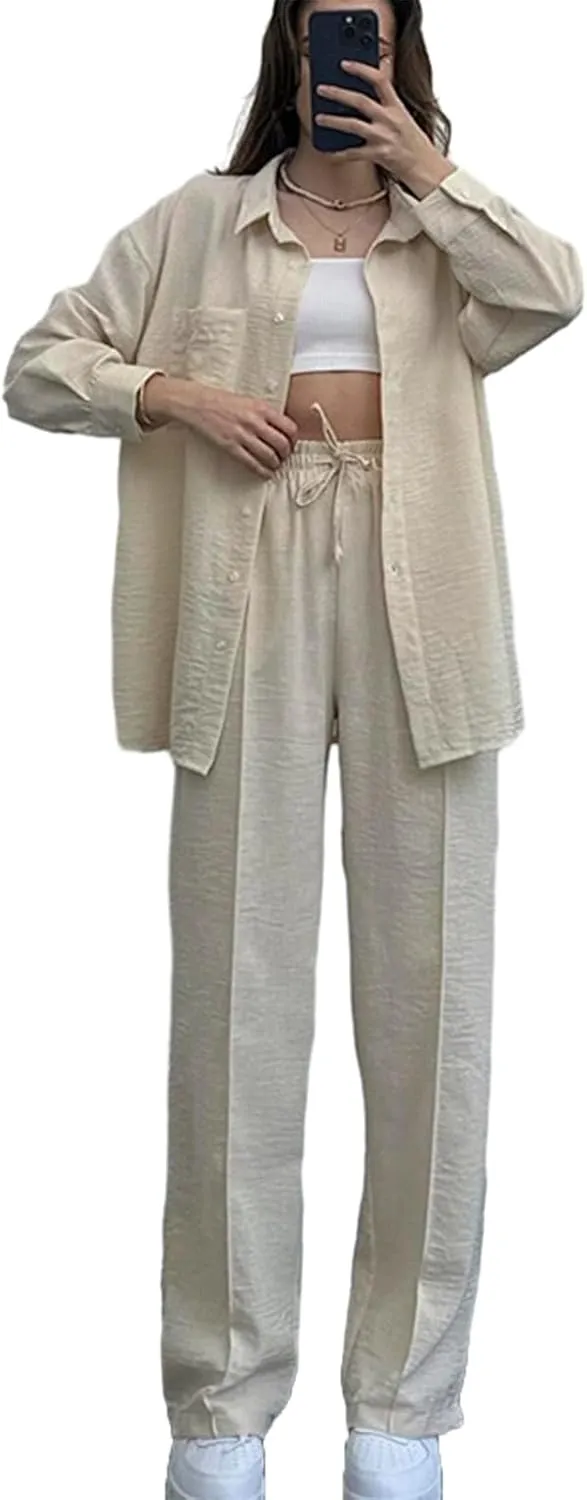 Women's 2 Piece Outfits Button Down Long Sleeve Shirt and Wide Leg Pants Set Trendy Loungewear Vacation Sets